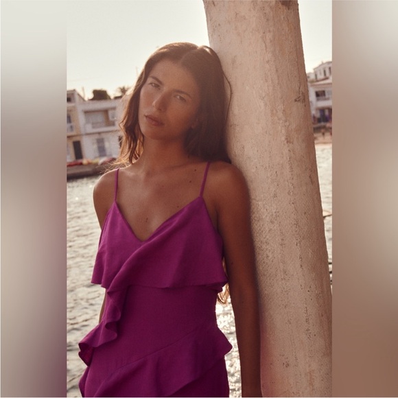 Zara limited edition Linen blend ruffled midi dress you cannot miss - Picture 3 of 11